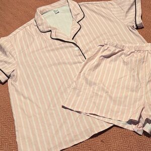 Classic Pink Stripe Short Pajama Set with Contrast Piping
